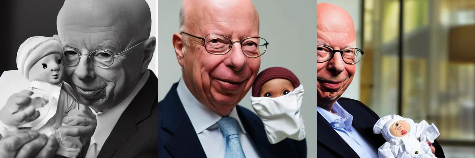Prompt: Klaus Schwab wearing a bonnet and a diaper, with a pacifier in his mouth, photorealistic