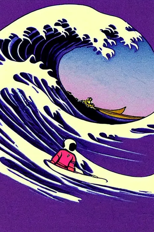 Image similar to a award winning photograph of an astronaut surfing the great wave off kanagawa on a purple surboard