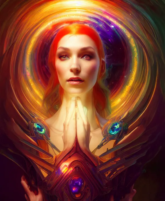 Image similar to a whirlwind of souls rushing inside the metaverse, half body, glowin eyes, tiara with sapphire, pharaoh, android, cyberpunk, d & d, fantasy, intricate, elegant, highly detailed, colorful, vivid color, digital painting, artstation, concept art, art by artgerm and greg rutkowski and alphonse mucha and ruan jia