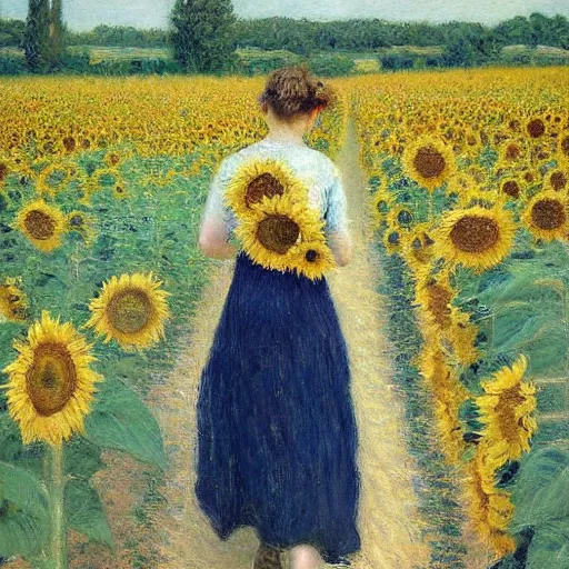 Image similar to a girl slowly walking through amazing tall sunflower field, her hair flowing down, subtle, intricate details, real masterpiece, impressionist painting, by gustave caillebotte