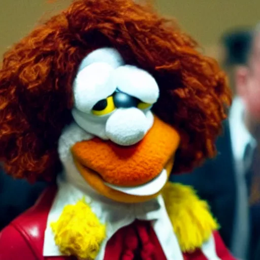 Prompt: Ronald McDonald as a muppet, testifying on trial -4