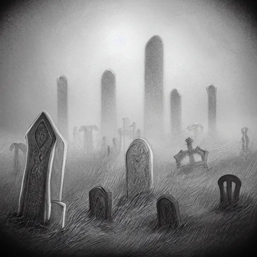 Image similar to an eerie graveyard with ancient tombstones, misty, strands of fog, creepy, night lighting, finely detailed black and white pencil drawing