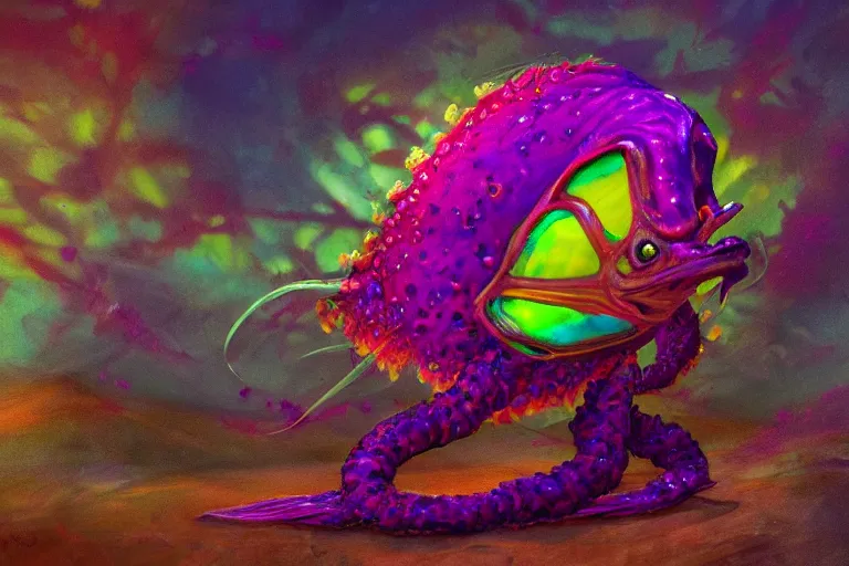 Image similar to chaos chuul spore servant gorgonops, painted by alicia austin and teddy harvia, trending on artstation, dramatic magenta lighting fish eye symbolism, hdr, portrait, iridescent colors, gond painting