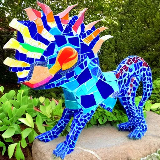 Image similar to mosaic sculpture of a alebrije chimera!!!, irregularly shaped mosaic tiles, hand glazed pottery shards, in a cottagecore flower garden