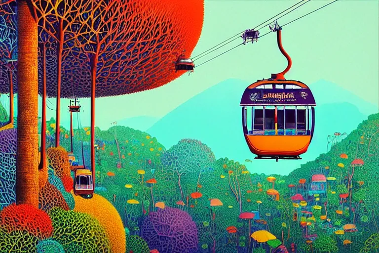 Image similar to surreal glimpse into other universe, langkawi cable car, summer morning, very coherent and colorful high contrast, art by!!!! gediminas pranckevicius!!!!, geof darrow, floralpunk screen printing woodblock, dark shadows, hard lighting, stipple brush technique,