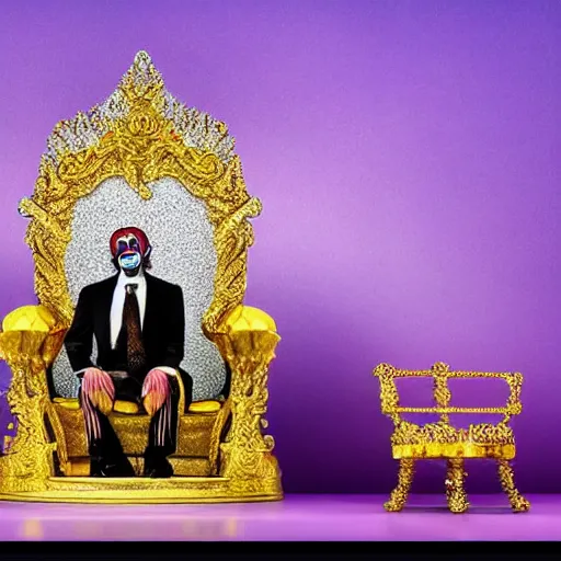 Image similar to shining majestic throne made of millions of diamonds, gold and zaphires with thousands of light reflections, and a clown is sitting on the throne