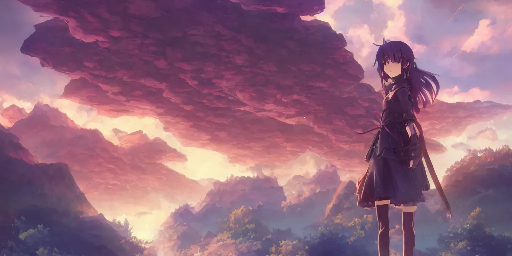 Prompt: isekai masterpiece anime girl standing tree log looking up at giant crystals, high noon, cinematic, very warm colors, intense shadows, ominous clouds, anime illustration, anime screenshot composite background by mandy jurgens, by irina french, by rachel walpole, by alyn spiller