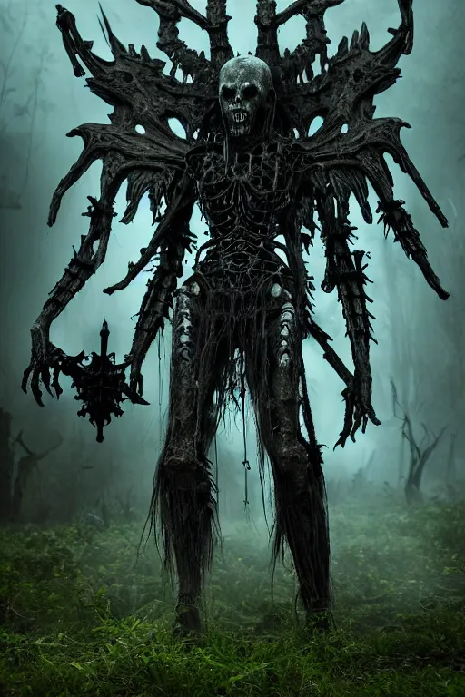 Prompt: post - gothic giant creepy banshee, exoskeleton armor, attacking with axe, dystopian ruins covered in vegetation, highly detailed smooth digital art masterpiece, vitaly bulgarov giger dramatic dark blue light, ground angle hd 8 k, sharp focus