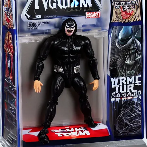 Image similar to action figure of Trump as Venom and shooting black web lines out of hair by Hasbro