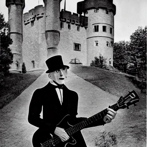 Image similar to vintage photograph of count orlok outside his castle, playing the blues on guitar, castle in the background, 4 k