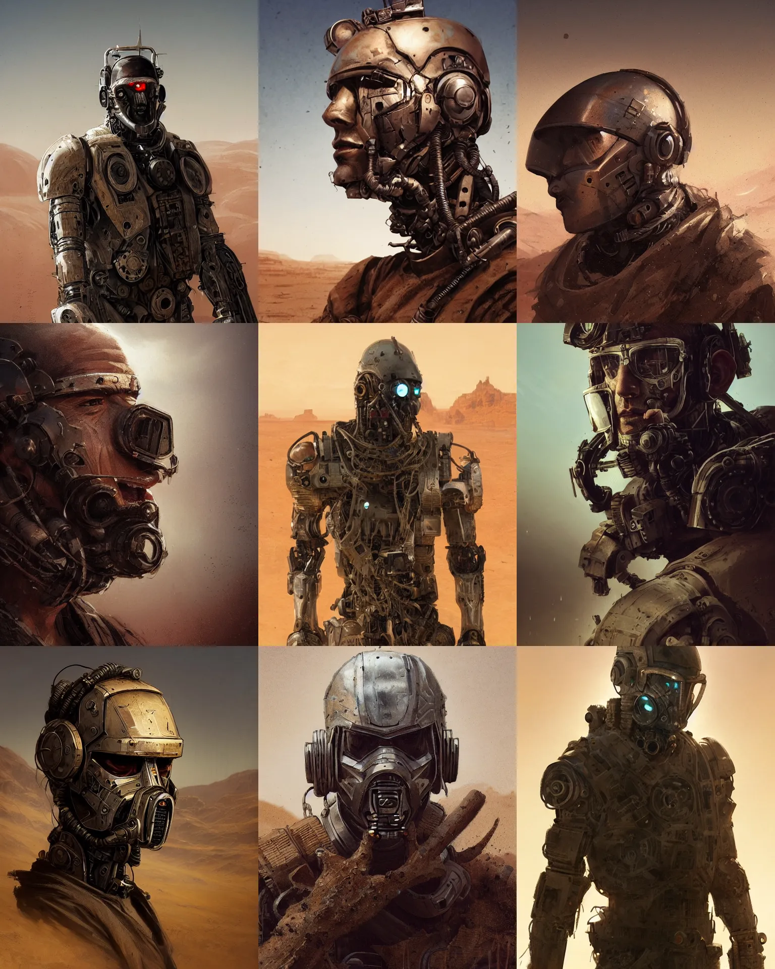 Prompt: a half - masked rugged mercenary man with cybernetic enhancements lost in the desert, scifi character portrait by greg rutkowski, esuthio, craig mullins, 1 / 4 headshot, cinematic lighting, dystopian scifi gear, gloomy, profile picture, mechanical, half robot, implants, dieselpunk