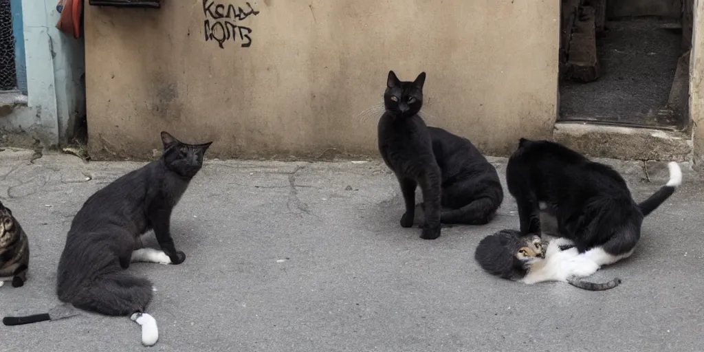 Prompt: photo evidence of a very serious joke being told by a single street cat to an opposing gang of street dogs