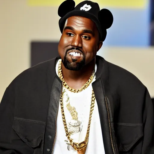 Prompt: kanye west wearing a mickey mouse hat