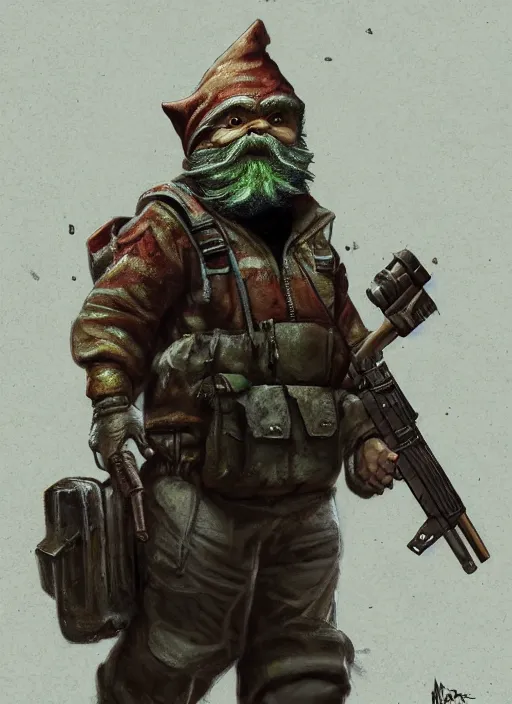 Prompt: a gnome in escape from tarkov, dressed as a scavenger, carrying a scoped hunting rifle, radioactive horror painting, elegant intricate digital painting artstation concept art by mark brooks and brad kunkle extreme detail 4 k