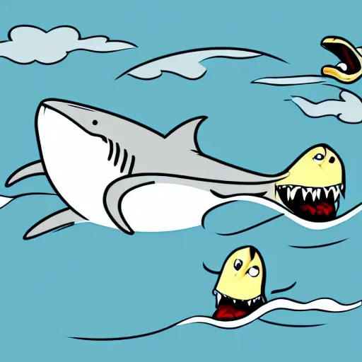 Prompt: animated shark riding a penguin, drawn in the style of the simpsons