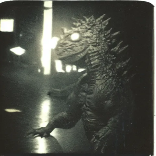 Prompt: polaroid photo of godzilla dancing in nightclub