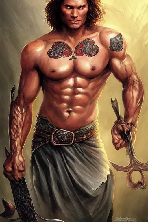 Image similar to portrait of attractive sam winchester as a rogue warrior, muscular chest tattooed with runes and symbols, d & d!, fantasy style, sharp focus!, ultra detailed, art by artgerm and peter andrew jones, wlop