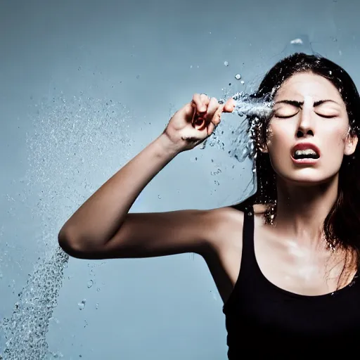 Image similar to excited model with an open moith and closed eyes pouring water on her face