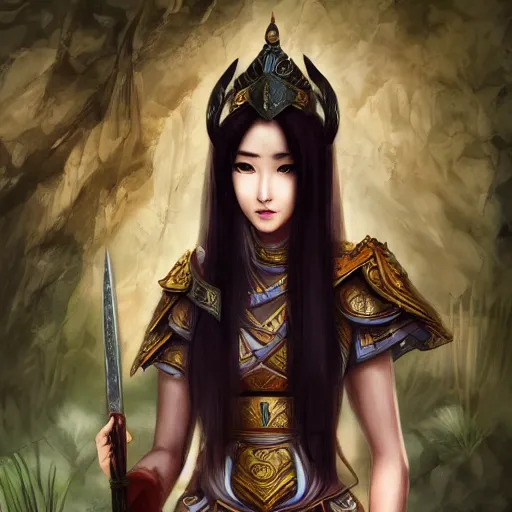 Prompt: ancient asian dynasty princess, three kingdom, dynasty warriors, cute face, standing in an oasis in the desert, comics, beautiful, elegant, headshot, long black hair, digital painting, smooth, concept art