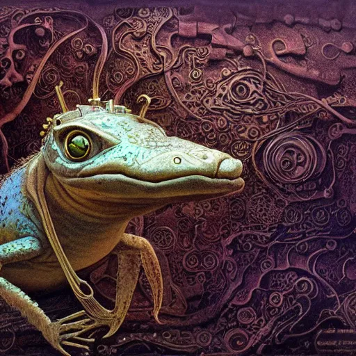 Prompt: steampunk axolotl, masterpiece, intricate, elegant, highly detailed, digital painting, smooth, sharp focus, illustration, art by james gurney, graeme base, brian froud, alan lee