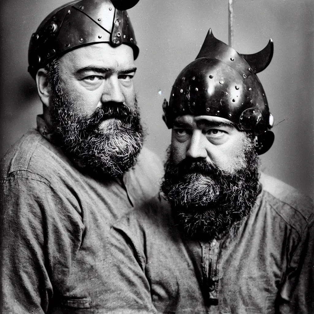 Image similar to An Alec Soth portrait photo of Ernest Hemingway wearing a Viking Helmet