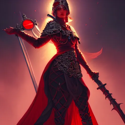 Image similar to a beautiful woman in a crimson cloak holding a glowing white spear and an obsidian shield, silver intricate armor, spotlight, ornate, realistic, cinematic lighting, sunbeams, volumetric lighting, epic pose, victorian, opulent, fantasy concept art, mohrbacher, beeple