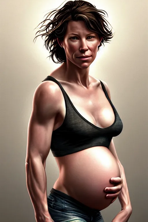 Image similar to pregnant evangeline lilly in a tank top, realistic portrait, symmetrical, highly detailed, digital painting, artstation, concept art, smooth, sharp focus, illustration, cinematic lighting, art by artgerm and greg rutkowski and alphonse mucha