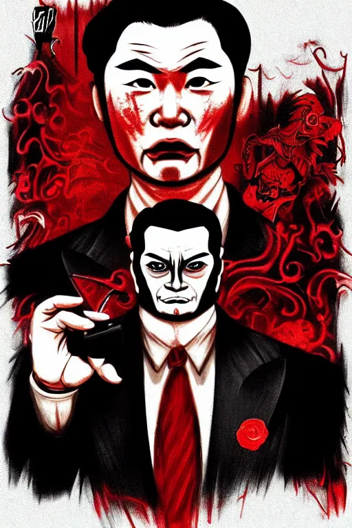 Image similar to chinnese mafia, with black suit and red tissue, some of leader have dragon tatto. digital art, concept art, pop art, bioshock art style, accurate, detailed, gta chinatown art style, cuphead art style, dynamic, face features, body features, ultra realistic, smooth, sharp focus, art by richard hamilton and mimmo rottela