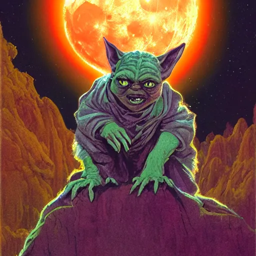 Image similar to portrait of yoda howling at the moon as a wolfman, overwhelming energy, detailed background by m. w. kaluta + bruce pennington, dark side, neon color, volumetric lighting, colorful vapor, deep dark color, floating molecules, digital painting, oil painting, artwork by ralph mcquarrie + cory loftis + andreas rocha + paul lehr + ian mcque + eddie mendoza