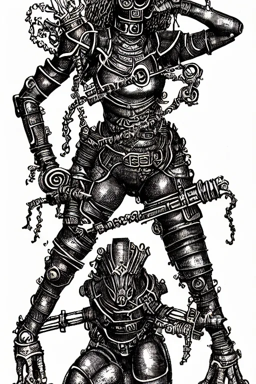Prompt: beyonce, clockwork warforged, as a d & d monster, full body, pen - and - ink illustration, etching, by russ nicholson, david a trampier, larry elmore, 1 9 8 1, hq scan, intricate details, inside stylized border