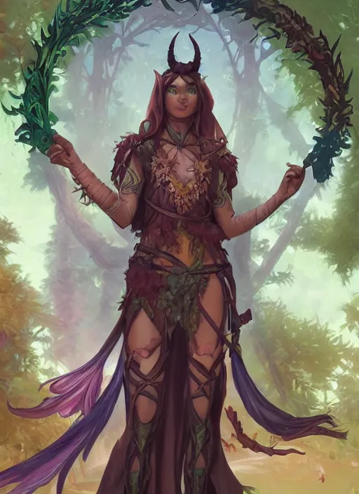 Image similar to cute Tiefling Druid with long horns, colorful leaves on light leather armor, holding tree staff, ,demon tail light-brown skin, highly detailed, digital painting, artstation, concept art, sharp focus, illustration, art by artgerm and greg rutkowski and alphonse mucha