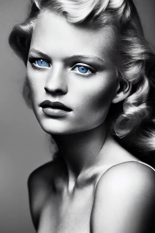 Prompt: stunning award - winning portrait by peter lindbergh of a beautiful young blonde woman. gorgeous blue eyes. vintage hollywood glamour. long shiny wavy hair. movie star makeup. vogue. fashion photography. sharp focus. canon 5 0 mm.