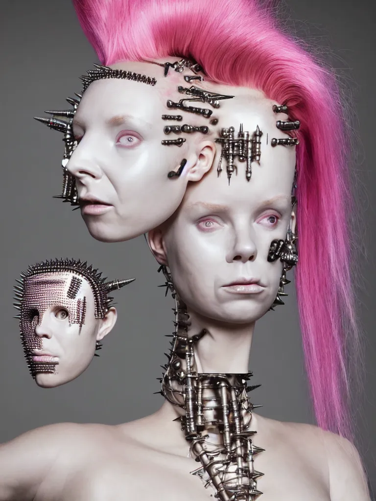 Image similar to portrait of a biomechanical goddess wearing a steel spikes studded iridescent beauty mask and pink hair buns, wearing a black bodysuit by alexander mcqueen, cream white background, soft diffused light, biotechnology, humanoid robot, perfectly symmetric, bjork aesthetic, translucent, by rineke dijkstra, intricate details, highly detailed, masterpiece,