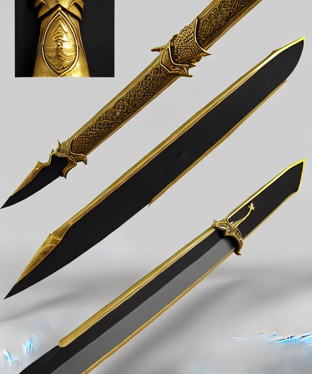 Image similar to very large detailed long sword, proportional image, clean background, 3 d octane render, blade, sharp, gold, gems,