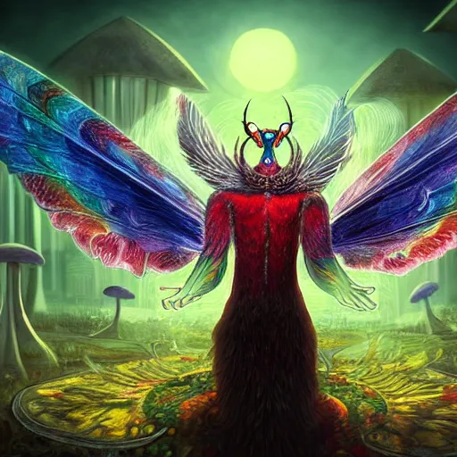 Prompt: 8K centered headshot Portrait of a psychedelic godlike mothman with giant mandala wings smoking a hand-rolled cigarette smoking heavily , magic mushroom village in background , post-processing , award winning. superb resolution. in the art style of Satoshi Kon and Greg Rutkowski . Detailed Mushroom city in background. Hyper realistic anime. Perfect art. Dalle2