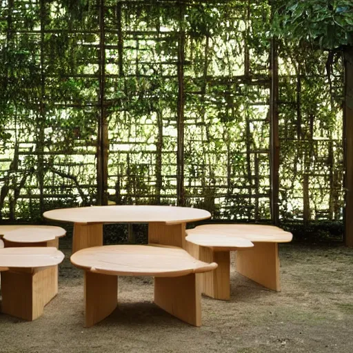 Prompt: light wooden construction designed by sou fujimoto for a tea drinking ceremony