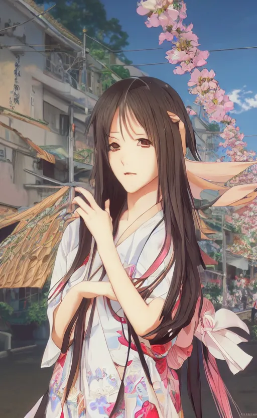 Image similar to anime style, side portrait of a girl walking, summer festival in background, yukata clothing, battlefield in background, hair down, symmetrical facial features, real faces, from arknights, hyper realistic, 4 k, extreme detail, trending artstation, safebooru, realistic lighting, by alphonse mucha, greg rutkowski, sharp focus, backlit