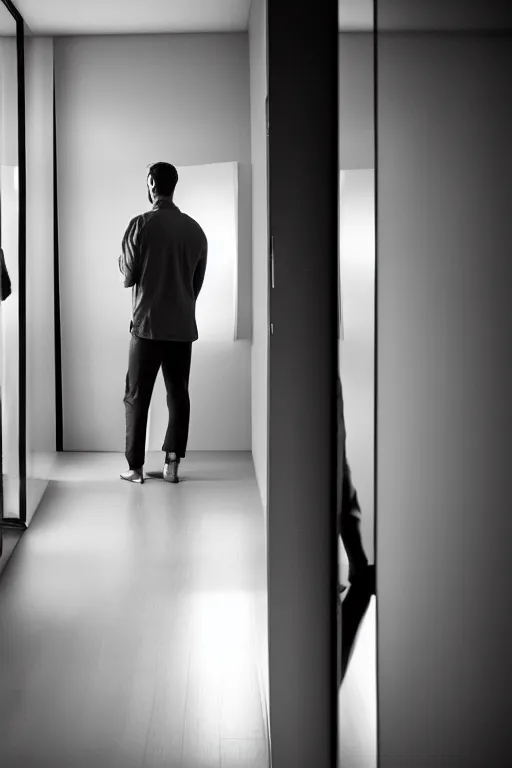 Prompt: man contemplating at his reflection in the mirror, portrait studio, taken with canon eos, f 1. 4, dramatic diffused light, iso 2 0 0,