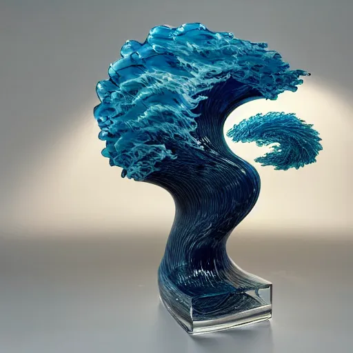 Prompt: a blown glass sculpture of a wave on a table in the style of The Great Wave off Kanagawa by Beeple
