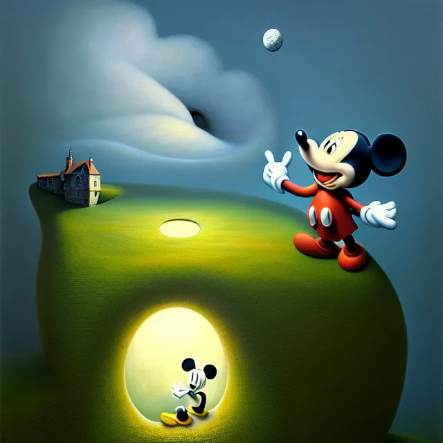 Image similar to gediminas pranckevicius an oil on canvas portrait painting of mickey mouse, surrealism, surrealist, cosmic horror, rob gonsalves, high detail, hole space time warp zica