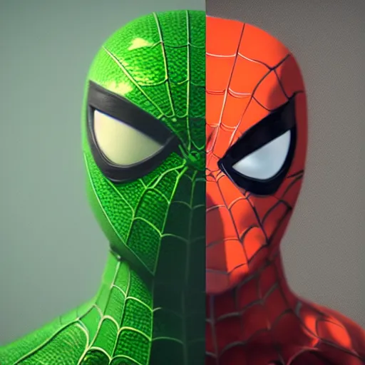 Image similar to moody atmospheric render of an orange and green spiderman by wlop made with unreal engine