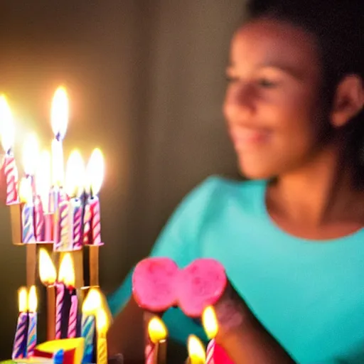 Image similar to a iPhone photo of a young woman blowing out the candles on her birthday cake