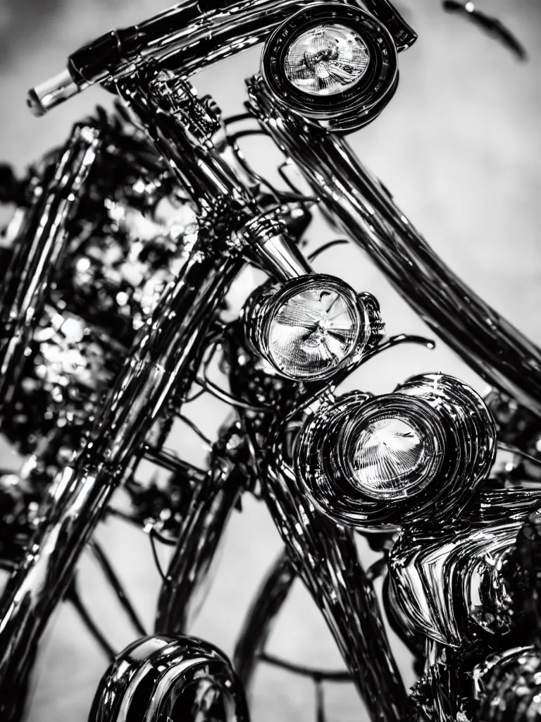 Prompt: three quarter view of a black chopper, wide lens, sigma 28mm, highly detailed, chrome, metallic reflections, depth of field, bokeh, backlight