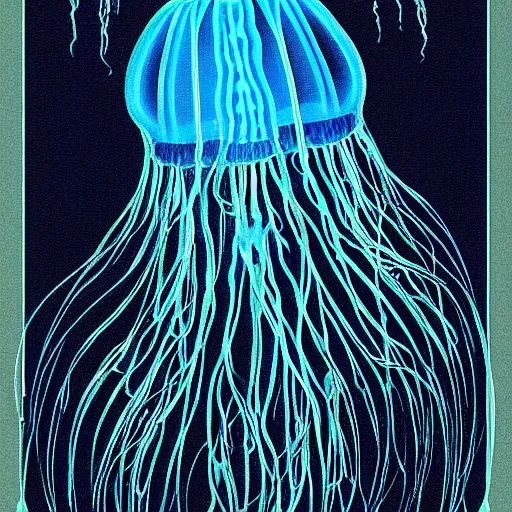 Image similar to a painting of a jellyfish in blue water, a digital painting by Earnst Haeckel, featured on deviantart, digital art, bioluminescence, luminescence, black background