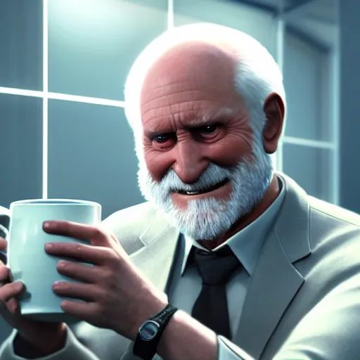 Image similar to hide the pain harold ; cinematic screenshot ; crisp sharp focus ; ultra realistic, concept art, intricate details, cool forced smile at office with cup in hand, highly detailed, photorealistic, octane render, 8 k, unreal engine. art by artgerm and greg rutkowski and charlie bowater and magali villeneuve and alphonse mucha