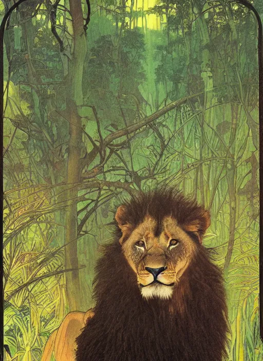 Prompt: a lion cub with black wings on its back in the middle of a lush forest at night. diffuse neon light, dramatic landscape, fantasy illustration, matte painting by mucha