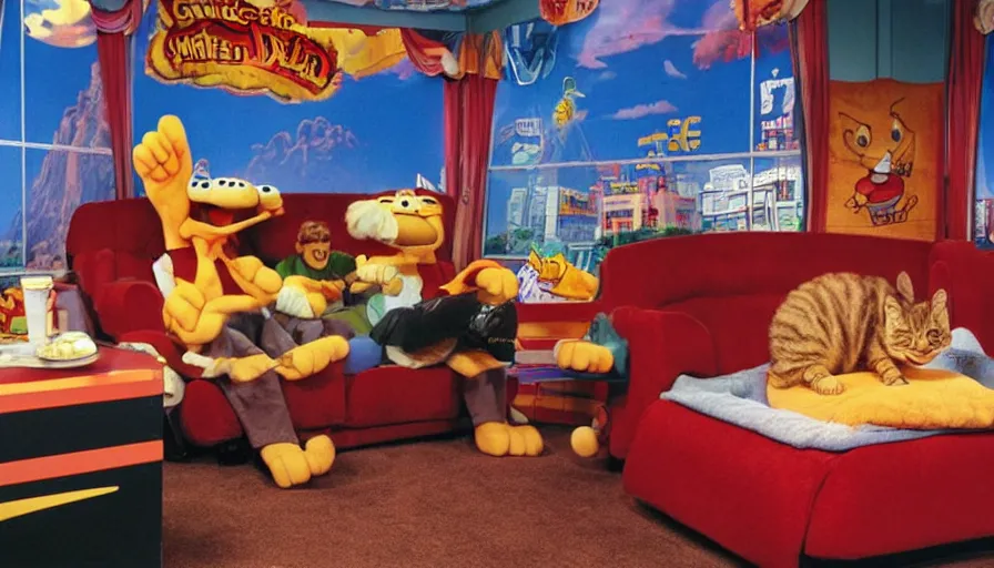 Image similar to 1990s photo of inside the Garfield's Wild Dream ride at Universal Studios in Orlando, Florida, riding a box with a blanket, with Garfield the cartoon cat, through a living room filled lasagna, coffee cups, and lava lamps, cinematic, UHD