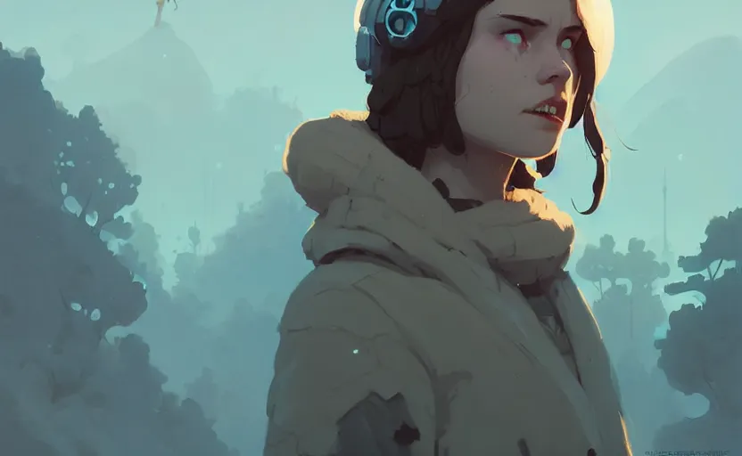 Prompt: female druid by atey ghailan, by greg rutkowski, by simon stalenhag, by greg tocchini, by james gilleard, by joe fenton, by kaethe butcher dynamic lighting, gradient light blue, brown, blonde cream and white color scheme, grunge aesthetic