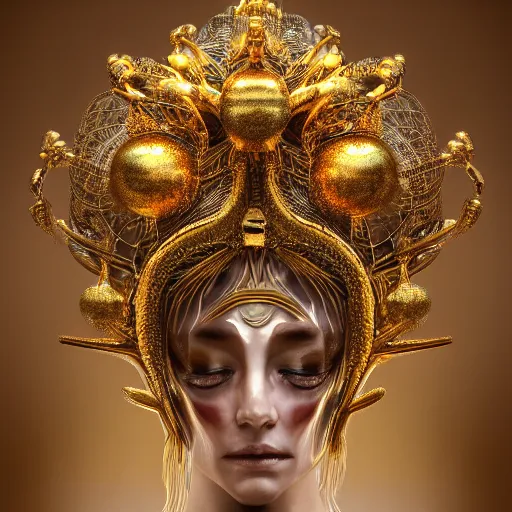 Image similar to a beautiful symmetrical head wearing a crown made of golden ornaments by alex gray and android jones , Karol Bak, Ayami Kojima, Amano , 3D, 8k resolution