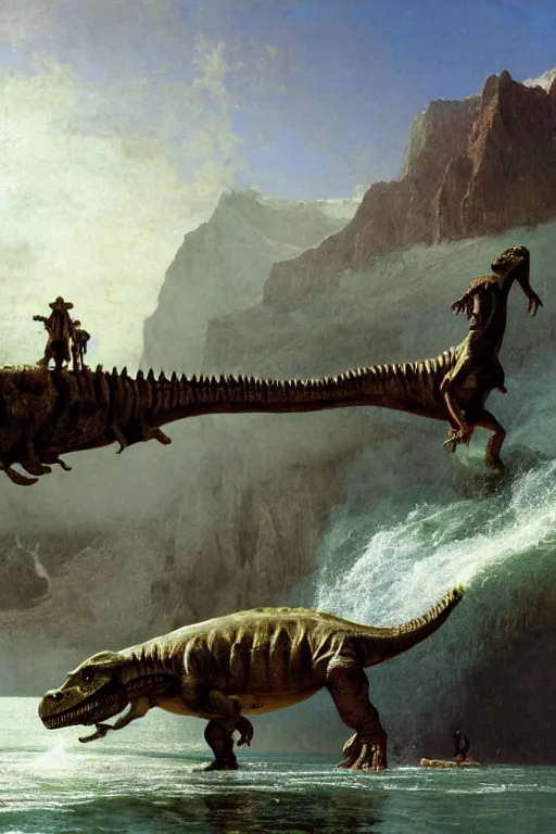 Image similar to a huge dinosaur demon emerges from lake in canadian rockies watched by three people, water splashes cascades, beautiful day, by albert bierstadt, ruan jia, lawrence alma tadema, zdzislaw beksinski, carl spitzweg, everett raymond kinstler, norman rockwell, jack kirby, tom lovell, greg staples